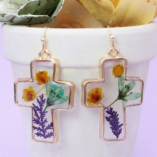 Pressed wildflower cross drop earrings, alternate view