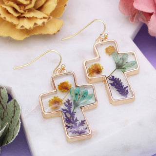 Cross drop earrings with pressed wildflower detail