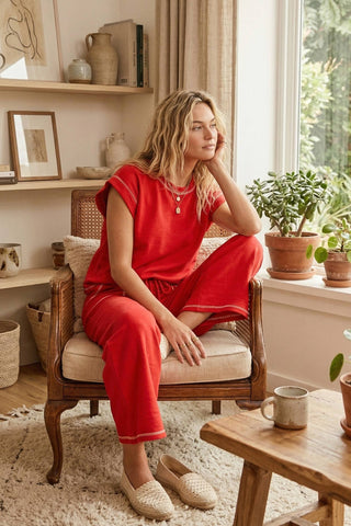 Contrast Stitch Scuba Lounge Set | Wide Leg Two-Piece Set