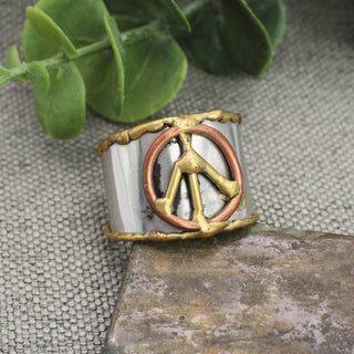 Mixed Metal Peace Sign Adjustable Ring