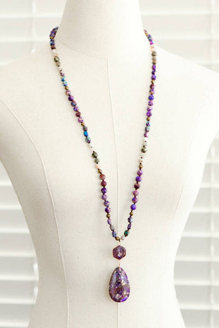 Hey Beautiful – Purple Stone Beaded Long Necklace with Statement Pendant – Boho Multi-Color Layering Necklace