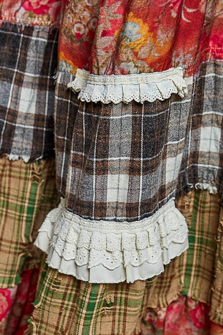 Rosewood Plaid patchwork ruffle wide leg pants