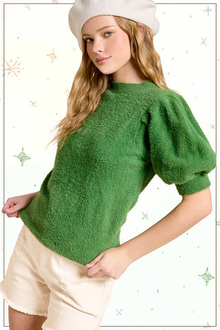Merry & Bright soft mohair puff sleeve knit top in Mistletoe Green
