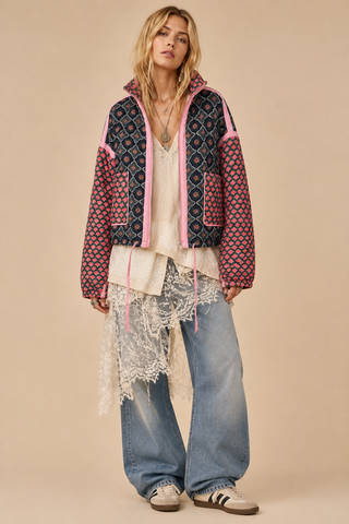Front Porch Patchwork Bomber quilted texture and patch pocket close-up