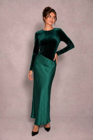 Emerald green maxi dress with velvet bodice and satin skirt