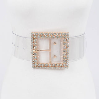 Showstopper clear belt with a square rhinestone buckle