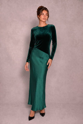 Candlelight Gala emerald velvet and satin long sleeve maxi dress