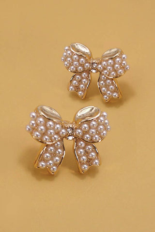 Hey Beautiful – Mini Pearl Bow Stud Earrings (Gold Tone)