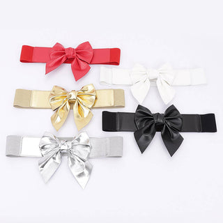 Bow Season faux leather bow waist belts in red, gold, black, silver and white