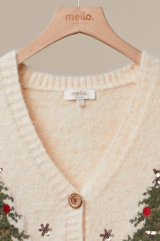 V-neck and button detail on cream embroidered Christmas cardigan