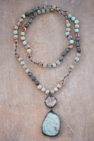 Hey Beautiful – Natural Stone Beaded Necklace with Statement Pendant – Boho Long Layering Necklace