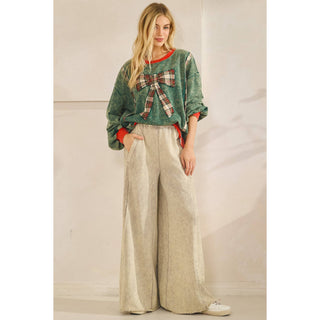 Jingle Bell Plaid Bow Mineral Wash Pullover