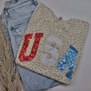Sequin Appliqué USA Leopard Patriotic Graphic