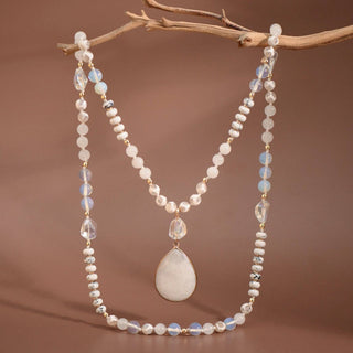 Hey Beautiful – White Stone Beaded Long Necklace with Teardrop Pendant – Boho Layering Statement Necklace
