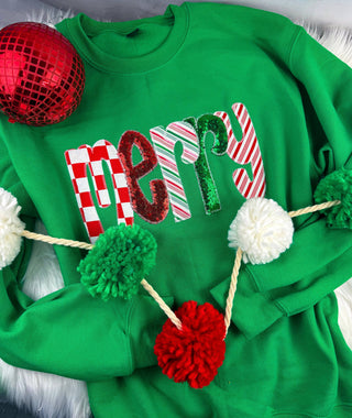 Merry & Bright green Christmas sweatshirt with sequin appliqué merry lettering