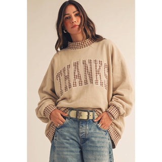 Thankful Hearts Chai Latte pullover with gingham patch THANKS graphic