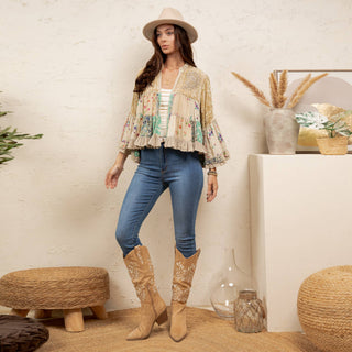 Young Threads Vintage Floral Patchwork Cropped Shrug | Boho Ruffle Sleeve Layering Jacket
