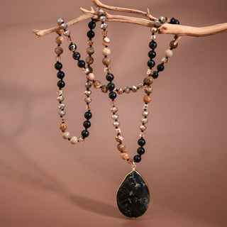 Hey Beautiful – Natural Stone Beaded Long Necklace with Black Pendant – Boho Statement Layering Necklace