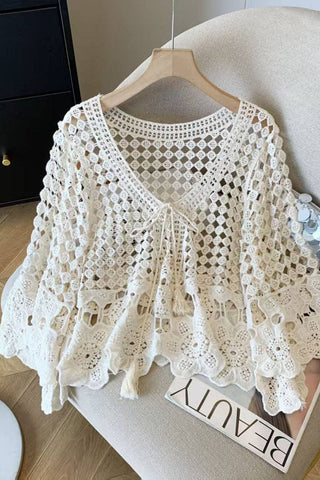 Women's Boho Crochet Knit V-Neck Blouse