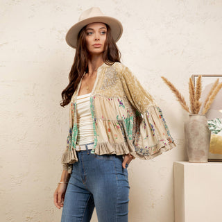 Young Threads Vintage Floral Patchwork Cropped Shrug | Boho Ruffle Sleeve Layering Jacket
