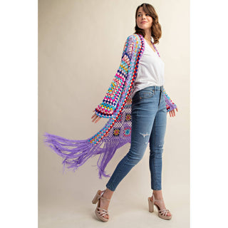 Festival Fiesta colorful crochet fringe cardigan duster