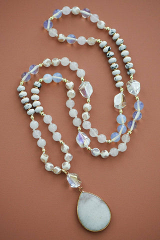 Hey Beautiful – White Stone Beaded Long Necklace with Teardrop Pendant – Boho Layering Statement Necklace