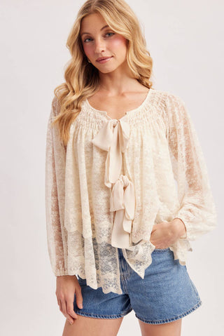Bluivy | Layered Lace Tie-Front 2-Way Blouse | Cream