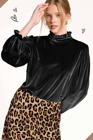 Holiday Magic Velvet Puff Sleeve Mock Neck Top