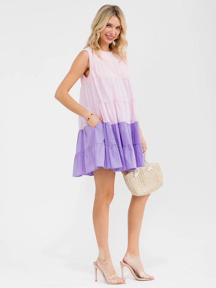 Strut & Bold “Lavender Sunrise” Tiered Mini Dress