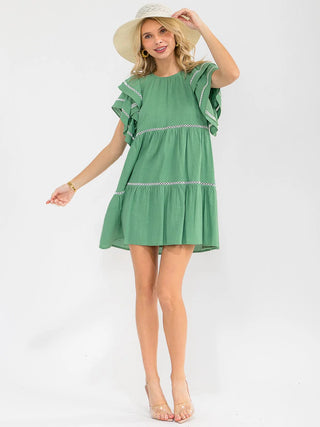 Strut & Bold “Meadow Muse” Ruffle Sleeve Tiered Dress – Emerald Green