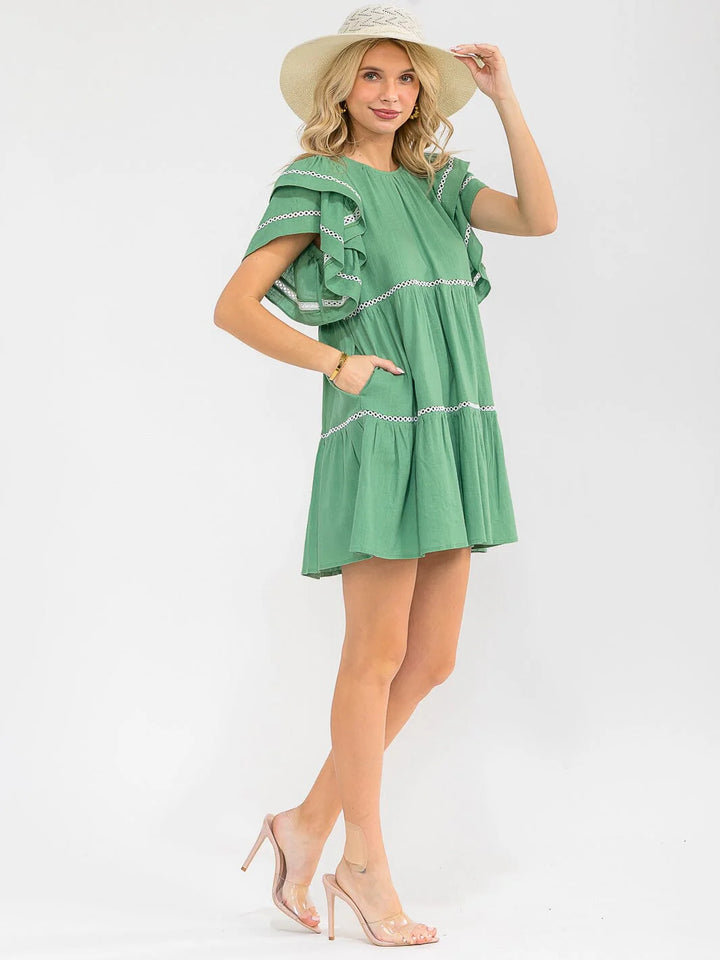 Strut & Bold “Meadow Muse” Ruffle Sleeve Tiered Dress – Emerald Green