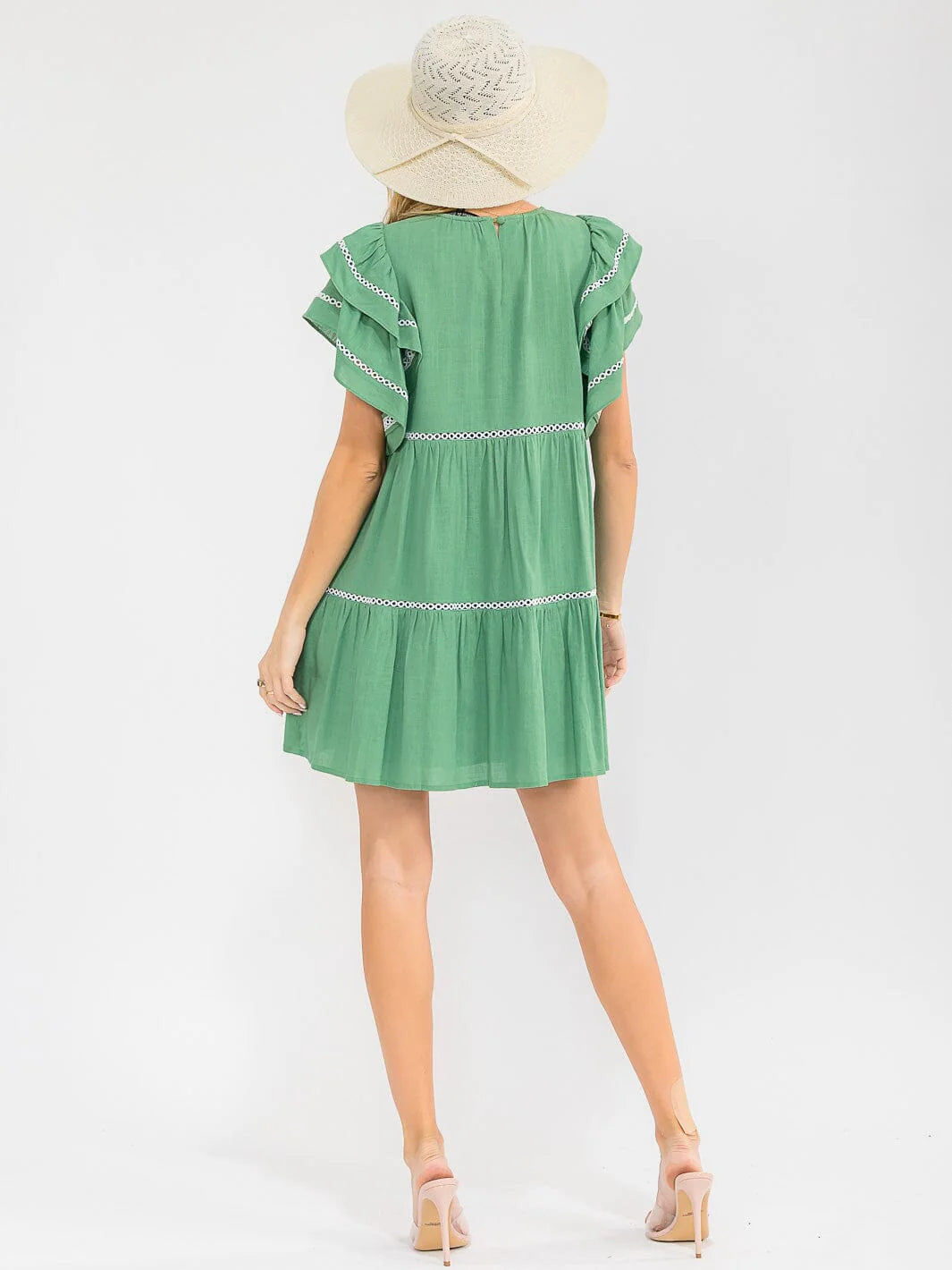 Strut & Bold “Meadow Muse” Ruffle Sleeve Tiered Dress – Emerald Green