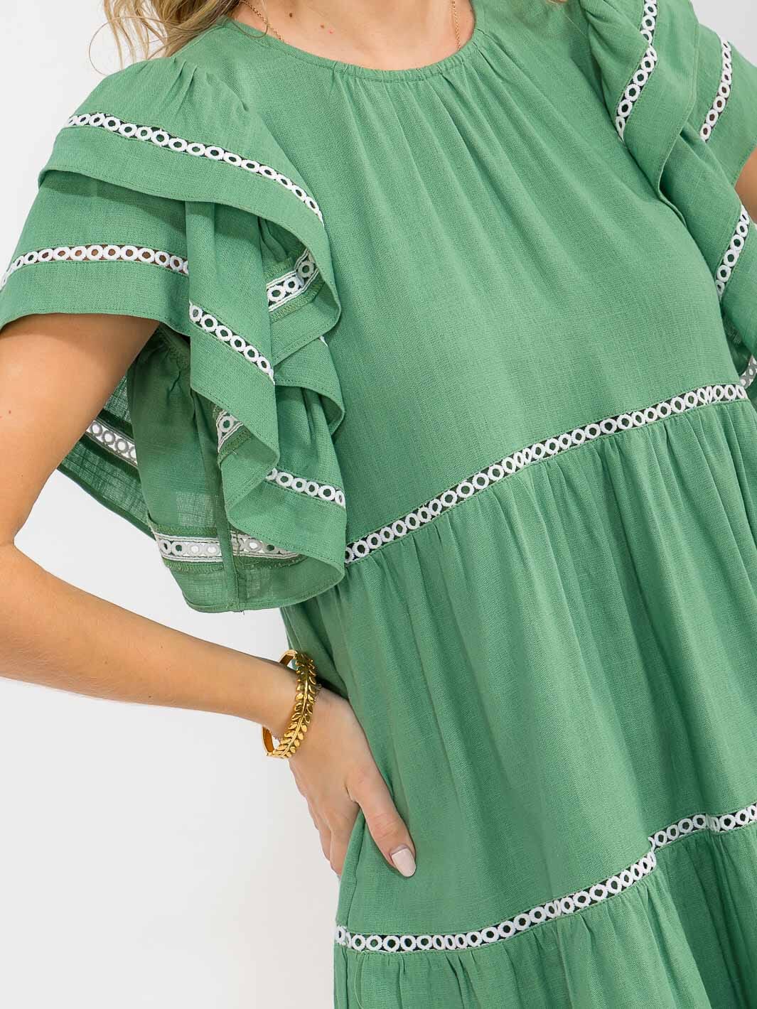 Strut & Bold “Meadow Muse” Ruffle Sleeve Tiered Dress – Emerald Green
