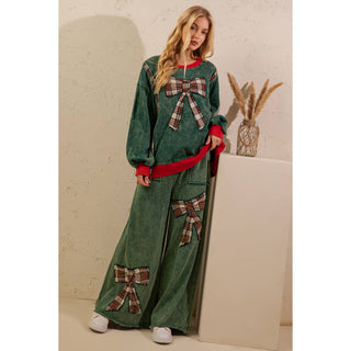 Holiday plaid bow mineral wash lounge set styled with sneakers