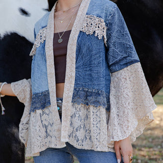Open Front Denim & Lace Kimono – Western Boho Layering Top