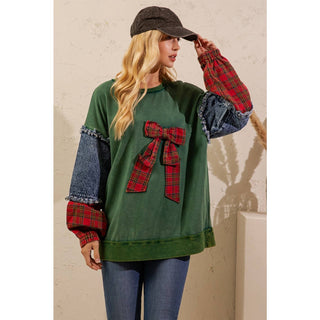 Deck the Halls plaid bow denim sleeve Christmas pullover in Mistletoe Green
