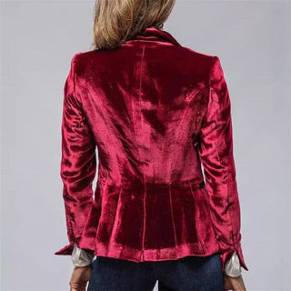 Back view of wine velvet blazer showing split back detail