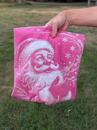 Christmas Magic Sparkling Rhinestone Santa Tee in Sugarplum Pink with crystal rhinestone Santa face