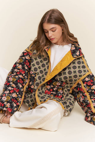 Front Porch Patchwork Bomber seated view with candy-pink piping detail