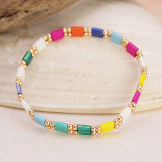 Multicolor glass tile bead bracelet, styled view