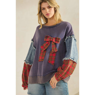 Green plaid bow pullover with denim and plaid patchwork sleeves