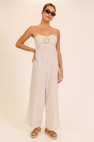 The Seaside Stripe Strapless Jumpsuit – Taupe & Black