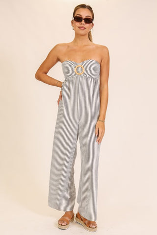 The Seaside Stripe Strapless Jumpsuit – Taupe & Black