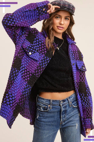 Bleacher Season oversized purple and black check shacket with chest pockets