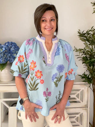 Umgee Floral Scalloped V-Neck Blouse | Seafoam