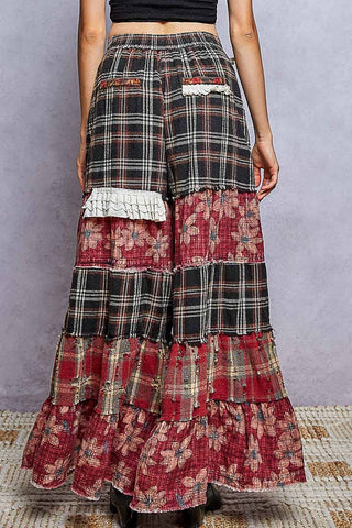Back view of patchwork plaid and floral wide leg pants