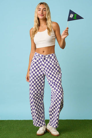 Purple Checkered Game Day Barrel Pants – Team Spirit Statement Style