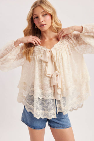 Bluivy | Layered Lace Tie-Front 2-Way Blouse | Cream