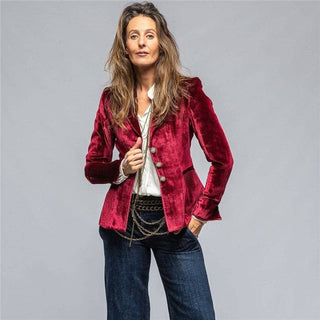 Holiday Soiree wine red velvet blazer with tailored collar