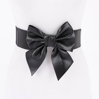 Black faux leather bow waist belt